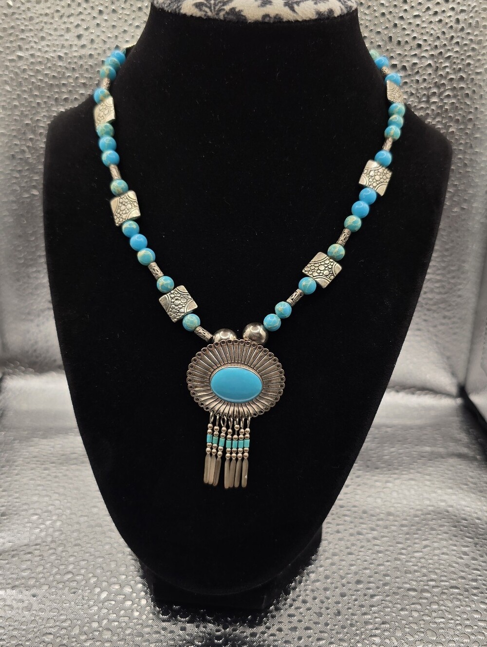 Vtg Q.T Native Design Sterling Silver and Turquoise Beaded Necklace/Brooch 16"